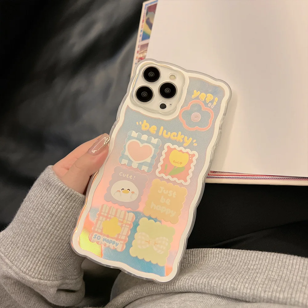 

Cute Cartoon Animal Graffiti Laser Wavy Frame Phone Case For iPhone 11 12 13 Pro Xs Max Xr X 7 8 Puls SE 2 Soft TPU Cover