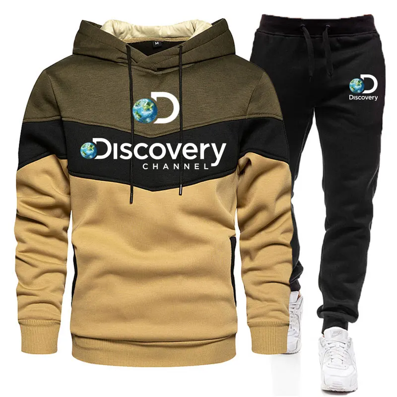

Discovery Channel Men Tracksuit Hoodies Sweatshirt+Sweatpants Suit Autumn Winter Sportswear Sets Patchwork Men's Pullover Set