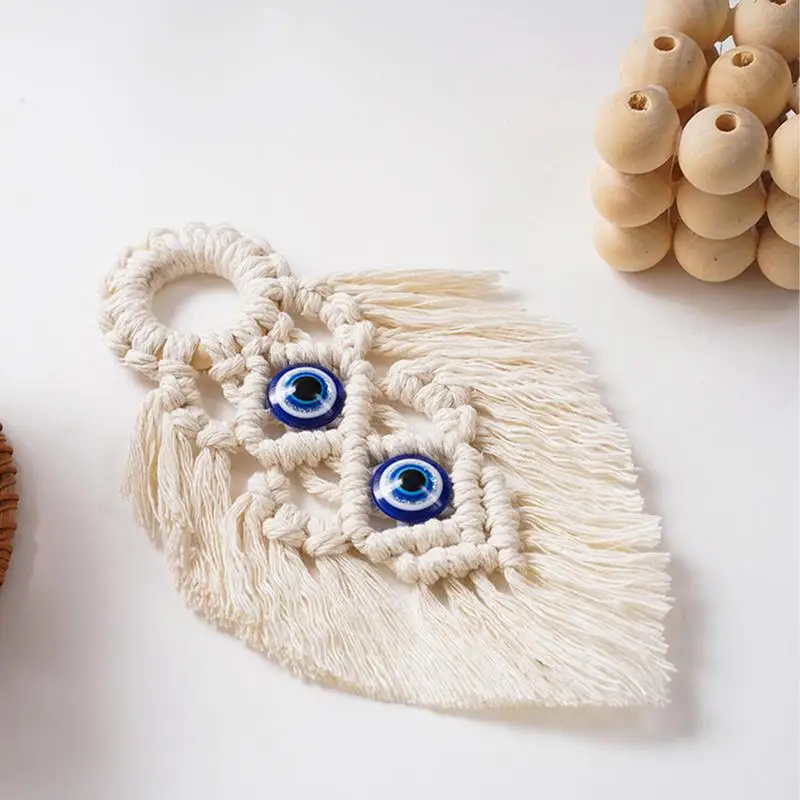 

Boho Macrame Handwoven Leaf Tapestry With 2 Eyeball Stone Decor Tassel Cotton Rope Pendant Leaf Bookmark Curtain Home Decoration