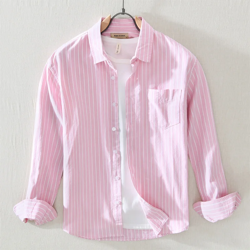 

2023 Summer Pink Stripe Men's Shirts Long Sleeve Pure Cotton Oversized Korean Clothing Casual Fashion Male Blouses Tops M-3XL