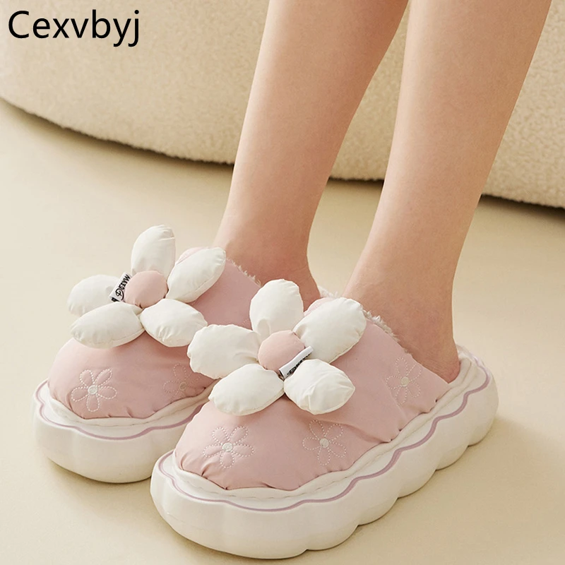 

Winter Thicken Warm Slippers For Women Fashion Home Indoor Casual Cotton Shoes EVA Platform Floral Plush Non-Slip Zapatos Mujer