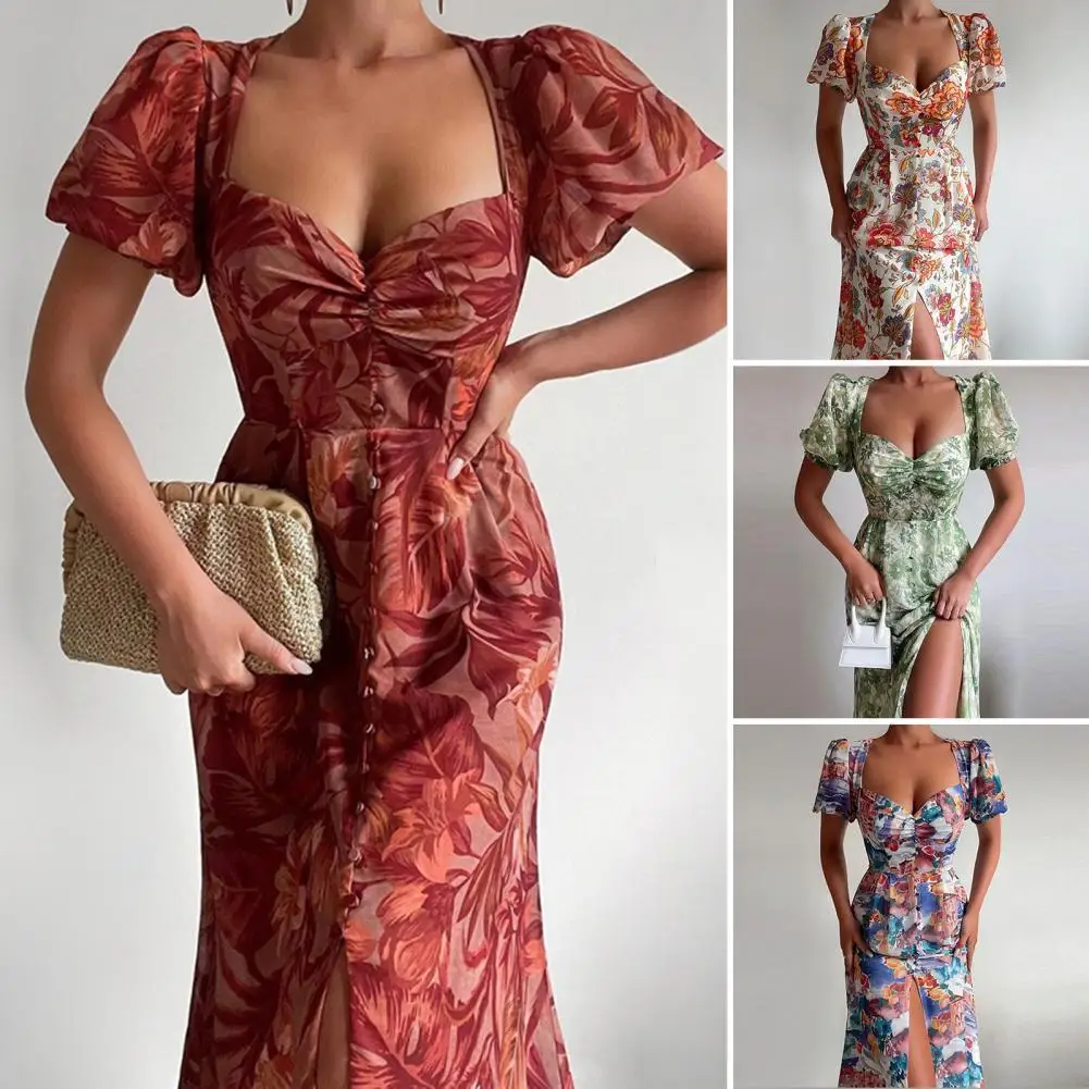 

Fashion Dress Square Collar Women Dress Clear Printing Fashion Dress