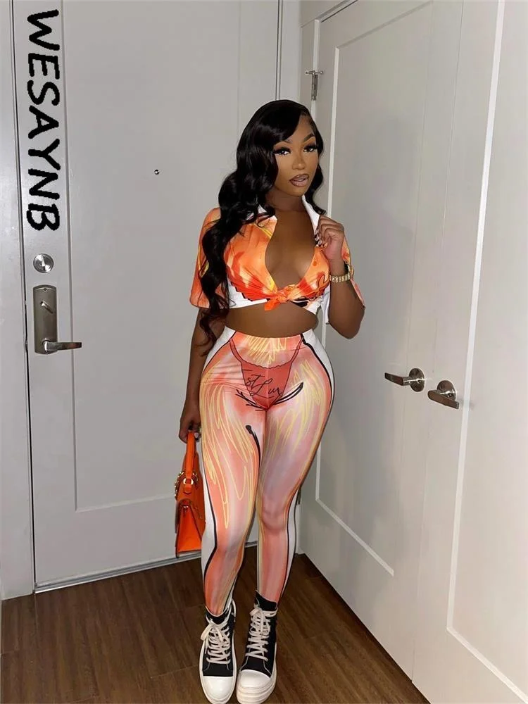 

Streetwear 3D Print 2 two Piece Set Women Outfits Sexy Bandage V Neck Crop Top Pants Skinny Club Green Tracksuit Women