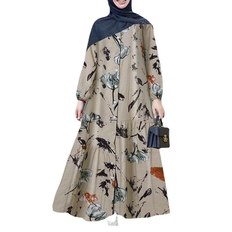 Muslim Abayat Cotton and Linen Long Sleeve Abaya Femme Fashion Loose Casual Floral Long Dress Europe, America, Middle East, Arab