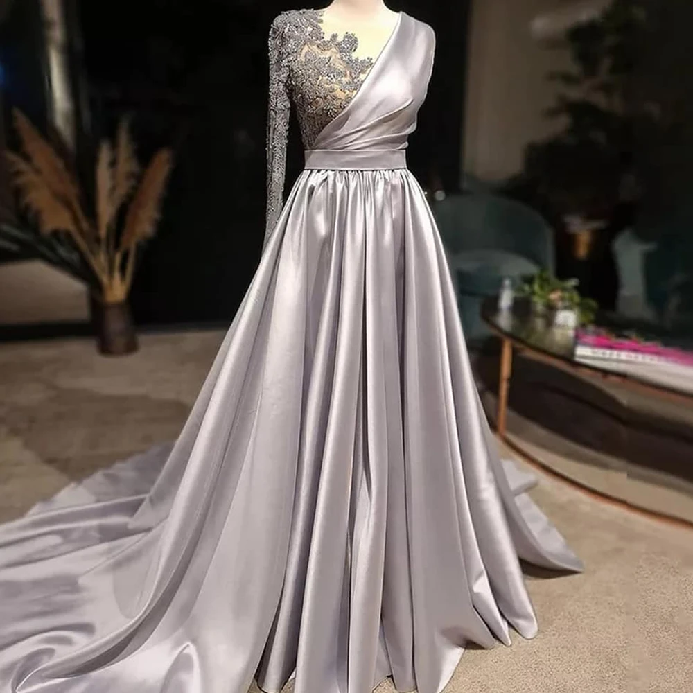 Купи A-Line Evening Dress 2022 O-Neck One Shoulder Lace Appliques Prom Gowns Modern Satin Floor-Length Robes De Soirée Custom Made за 6,018 рублей в магазине AliExpress