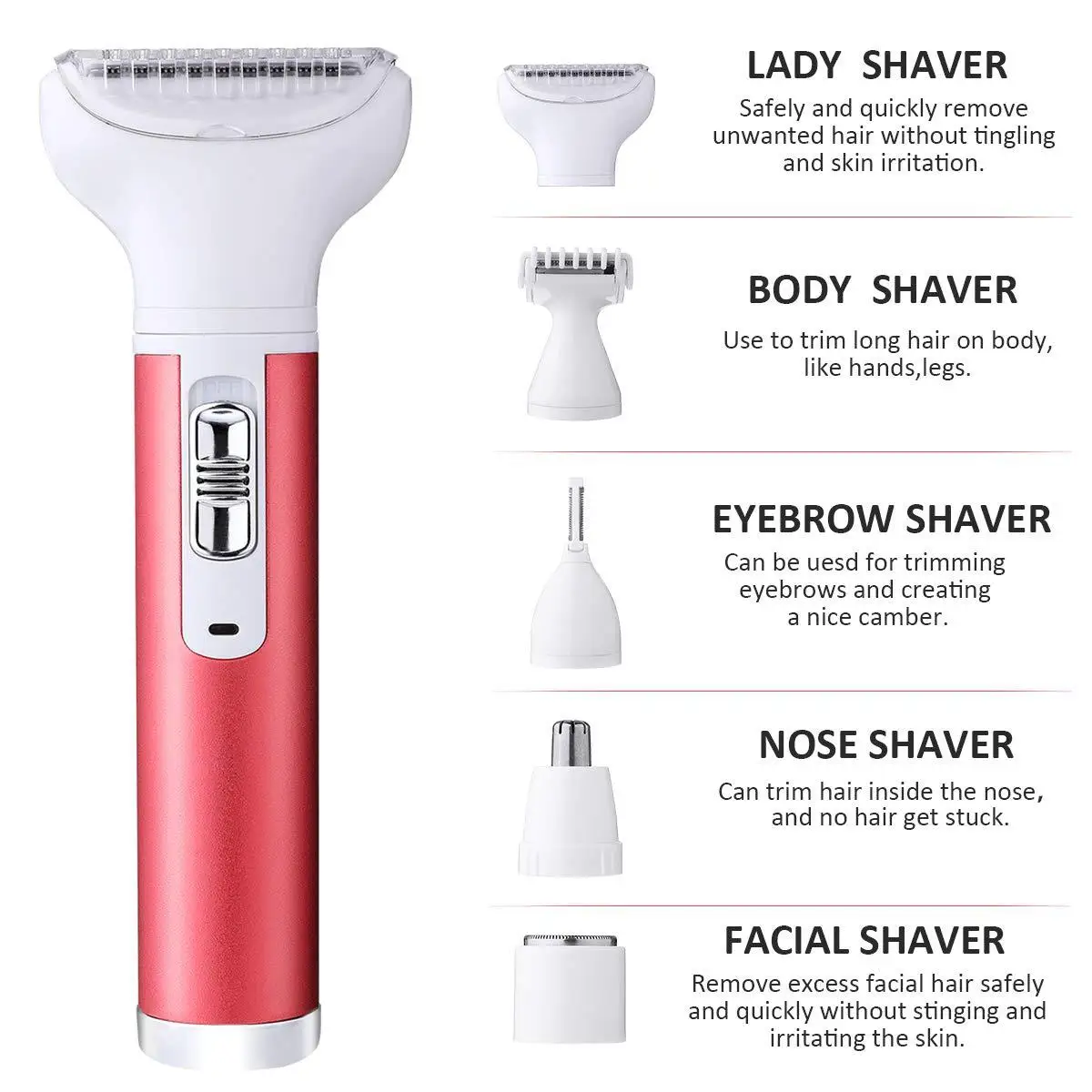 

5 in 1 Electric Razor for Women Removal for Body Nose Hair Trimmer Face Shavers Eyebrow Legs Armpit Bikini Area Pubic Underarms