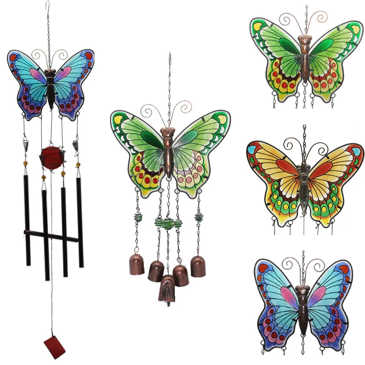 New Big Butterfly Iron Art Glass Color Painting Wind Chime Metal Tube Bell Handicraft Pendant Exquisite Creative Gift