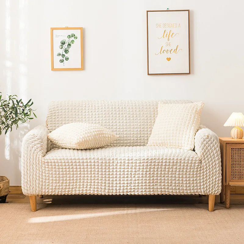 

Elastic Lazy Sofa Cover Light Luxury Solid Color Fabric Sofa Cover All-inclusive Seersucker Skirt Sofa Covers for Living Room