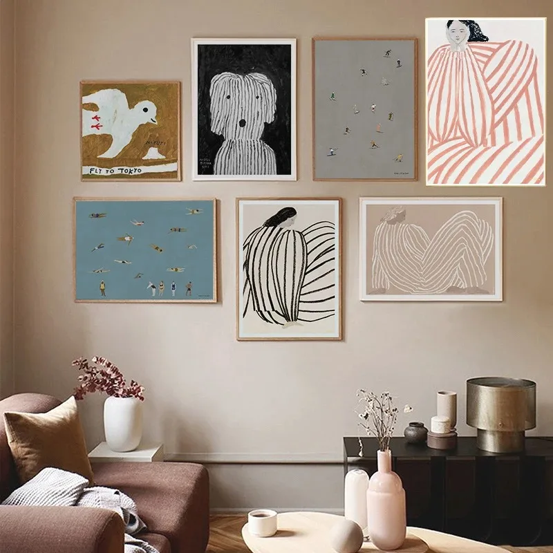 Скандинавский абстрактный рисунок линий с рисунком собаки и крыльев настенное