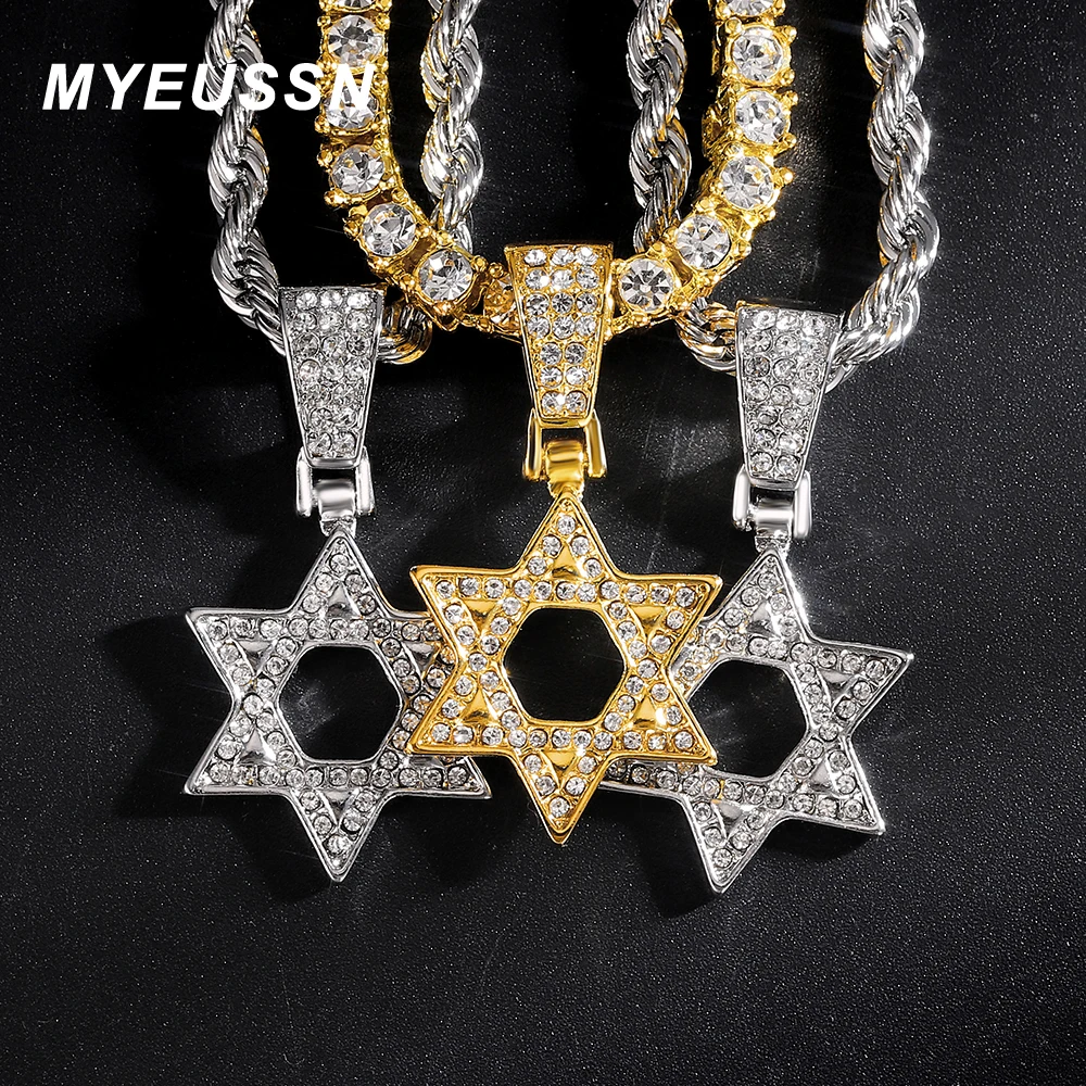 Full Rhinestone Six-pointed Star Pendant Necklace Men Iced Out Rope Chain Crystal Necklaces Women Hip Hop Silver Color Jewelry