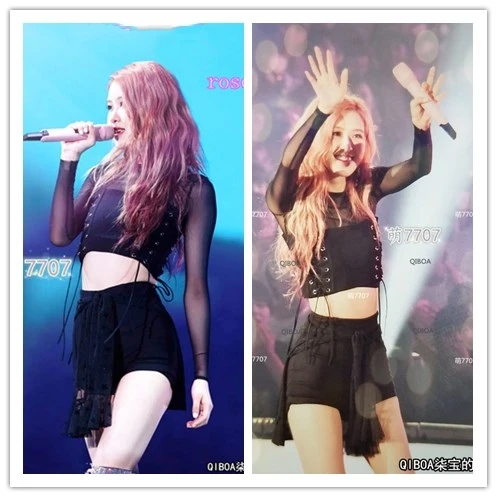 

Korean Celebrity ROSE stage show sexy lace-up mesh long sleeve tshirt vest tops+black slim high waist shorts women two piece set