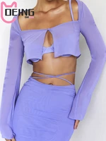 oeing 2022 summer sexy chiffon skirt sets women long sleeve crop top and split midi skirts see through beach two piece set