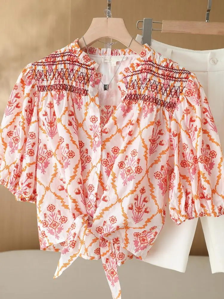 

2022 Summer Latest Design Woman Floral Embroidered V-neck Puff Sleeve Lace-up Shirt Vacation Tops Free Shipping