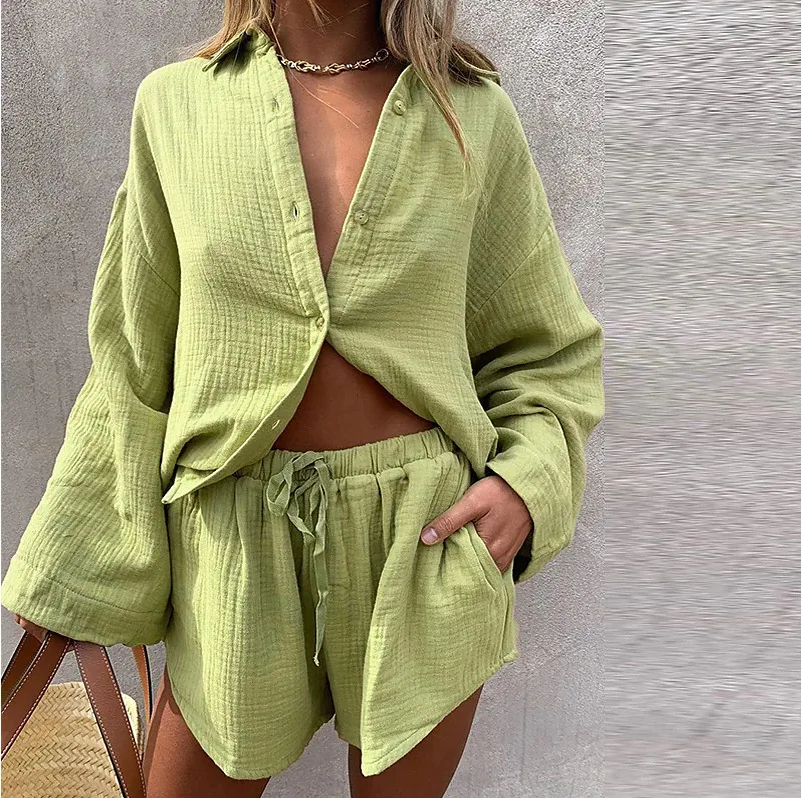 

2022 Women Casual Tracksuit Shorts Set Summer Long Sleeve Shirt Tops and Mini Drawstring Shorts Suit Lounge Wear Two Piece Set