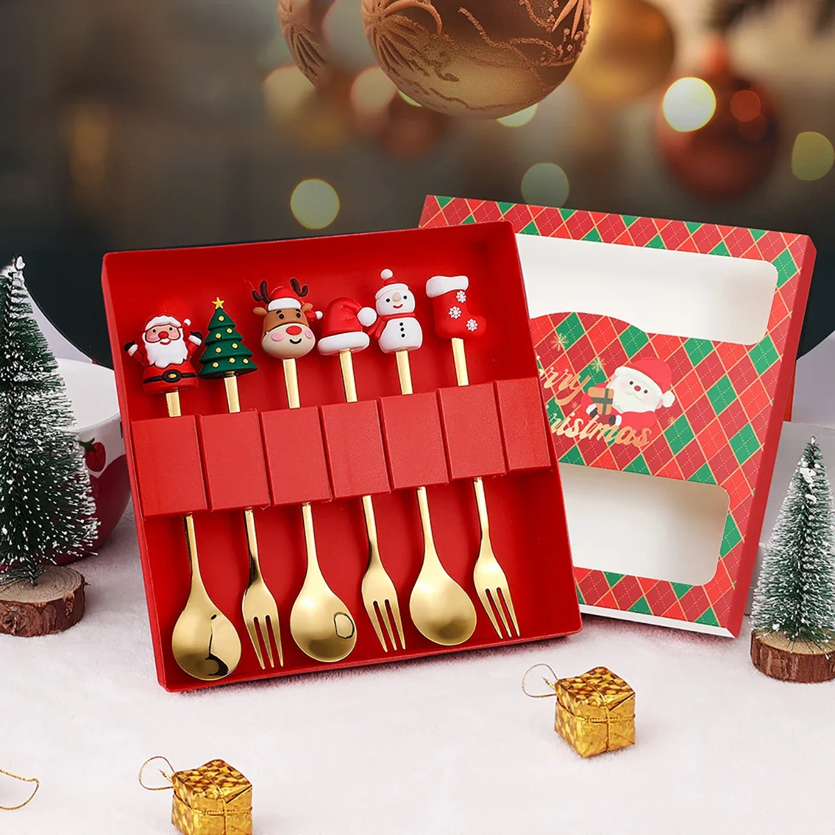 6 шт. Рождественская шляпа елка десерт вилка ложка набор столовых приборов для