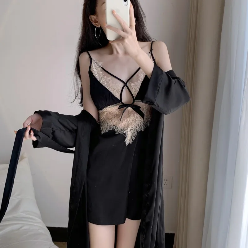 

Sexy Nighty&Robe Set Perspective Patchwork Lace Bathrobe Suspender Nightdress Spring Summer Women Sleepwear Loose Rayon Homewear