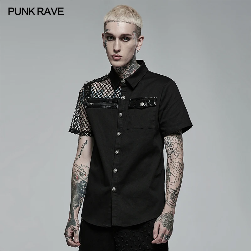 PUNK RAVE Men's Punk Simple Profile Asymmetric Stitching Black Shirt Ghost Shaped Buttons Summer Casual Blouses Shirts for Men