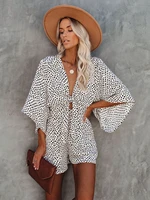 summer loose sleeve v neck leopard print playsuits women casual lace up short jumpsuits new femme beach vacation elegant 2022