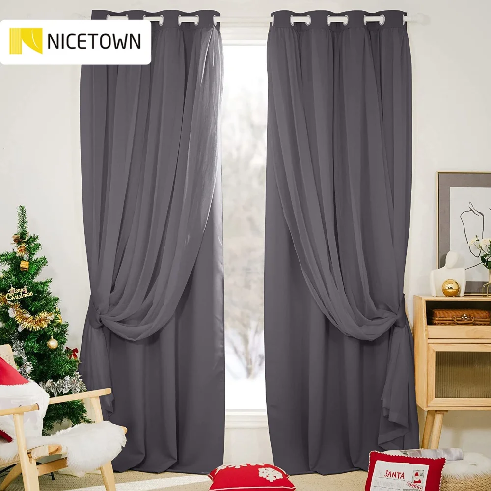 

NICETOWN Grommet Double-Layer Mix Match Elegant Crushed Voile Sheer and Blackout Curtains with Tie-backs for Bedroom Living Room