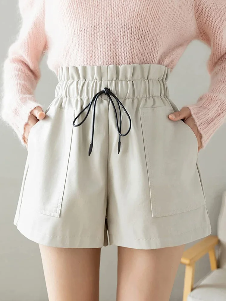 

Fitaylor Summer Women PU Leather Shorts Casual Lady Big Pockets Drawstring Loosed Shorts High Waist Streetwear A-Line Shorts