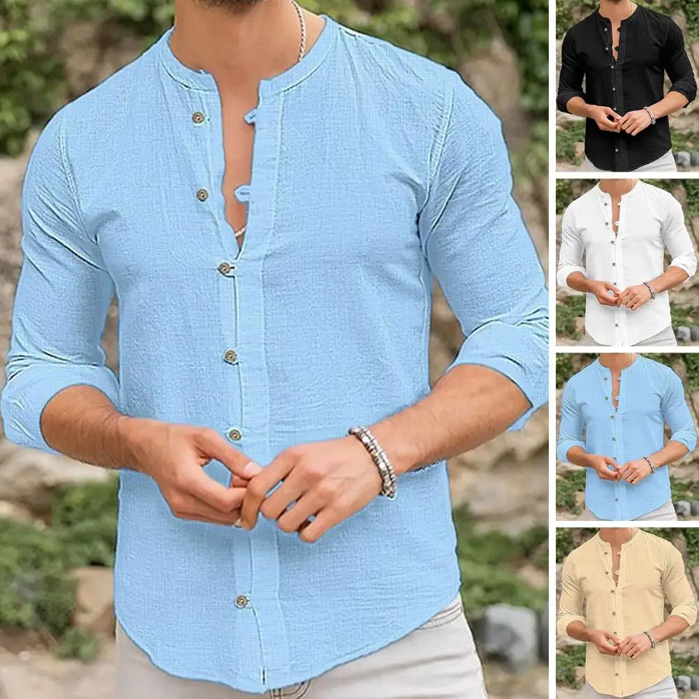 

Рубашка мужская с круглым вырезом и длинным рукавом, Классическая однобортная Повседневная тонкая сорочка, однотонная блуза, лето 2023