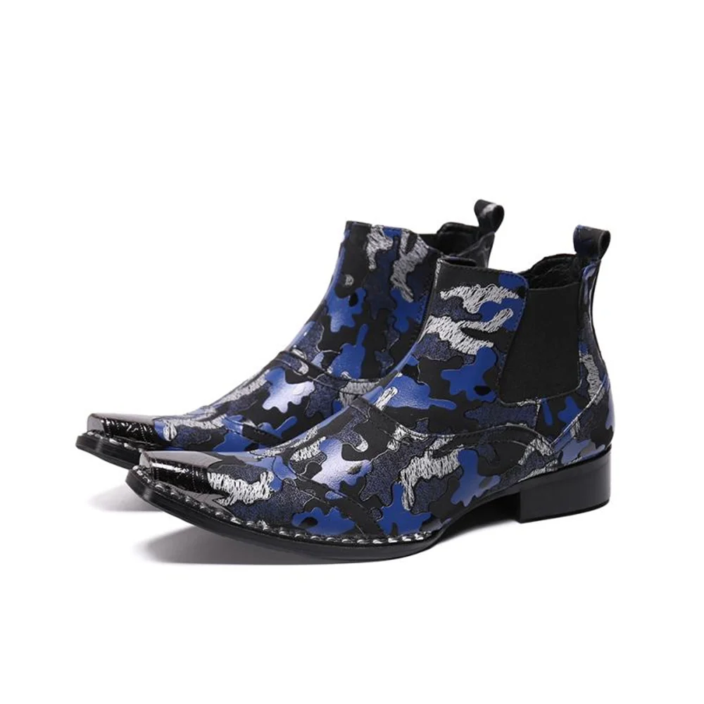 

Printing With Metal Bordered Zipper Genuine Leather High Heels Pointed Toe Boots Male Plus Size Fashion Party Cowboy Dress Shoe