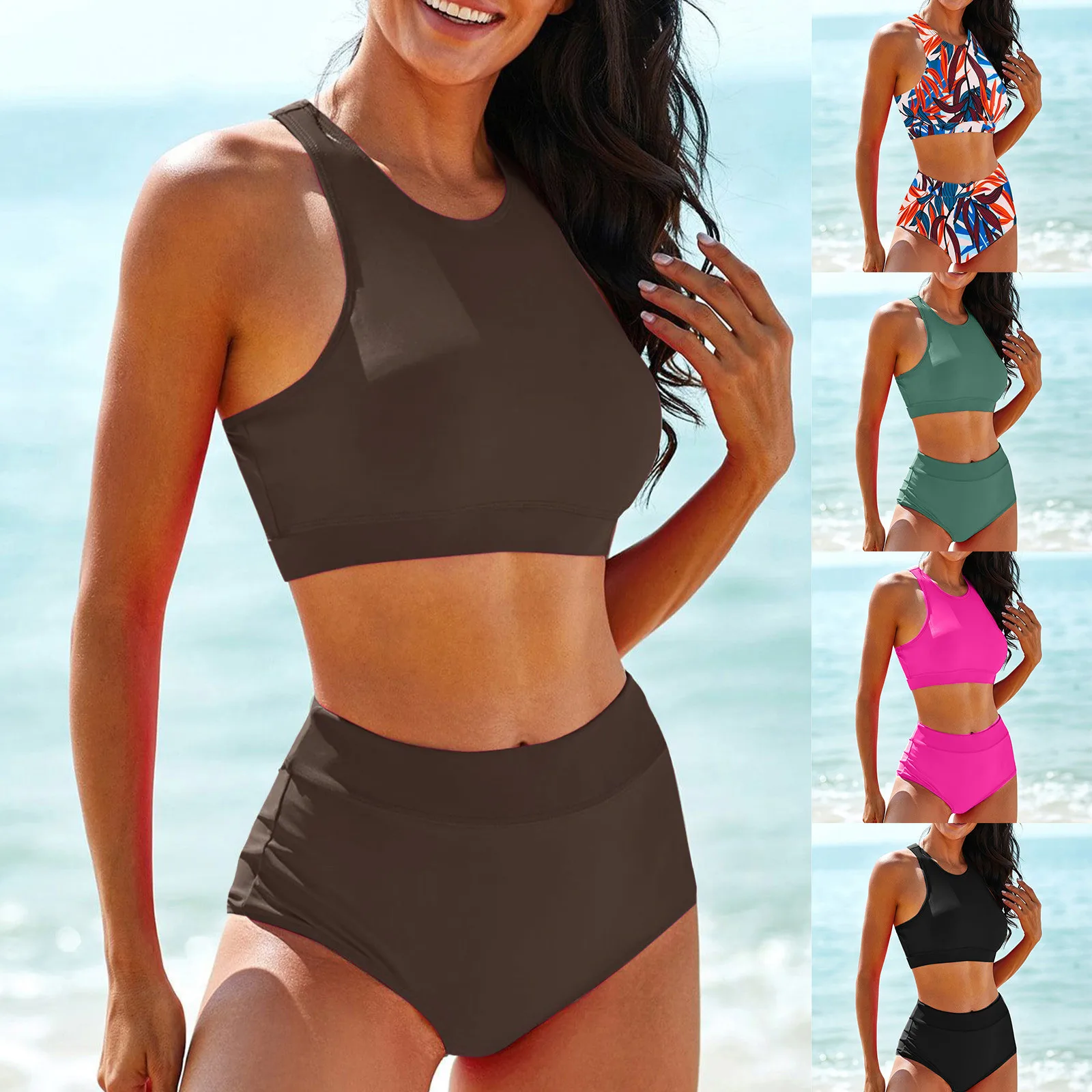 

Женский однотонный купальник-бикини с высокой талией и цветочным принтом