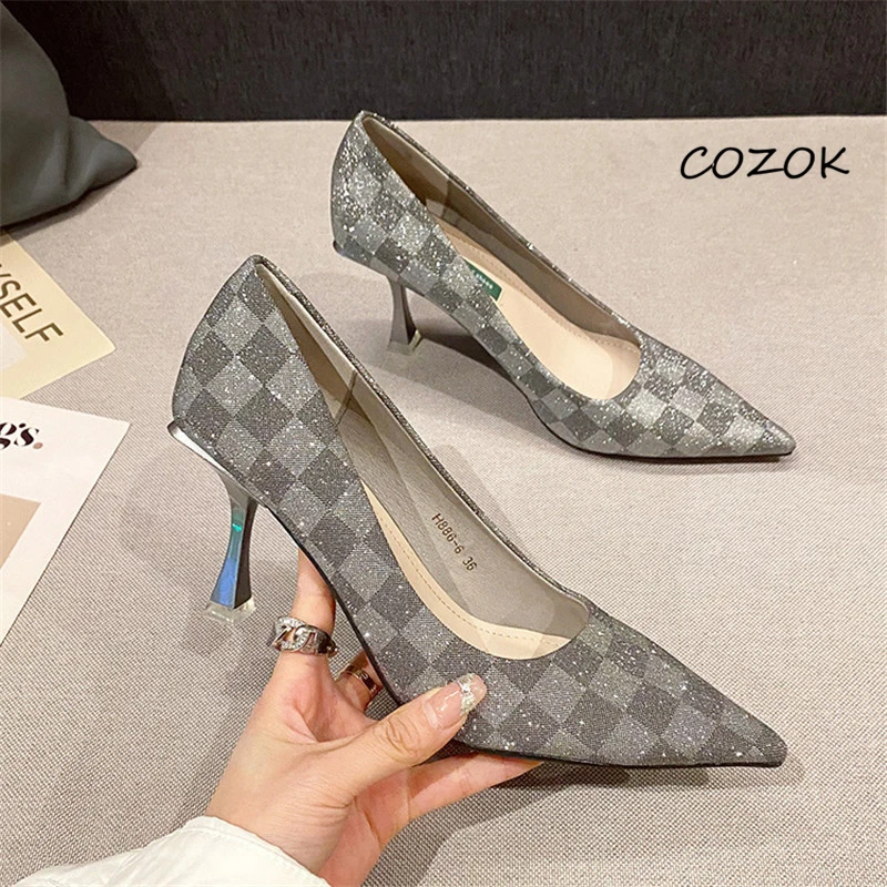 

Bling Checkered Casual Fashion Shoes for Women Party Elegant High Heels Sexy