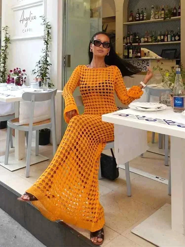 2024 женское осеннее сексуальное полое платье с расклешенными рукавами и круглым