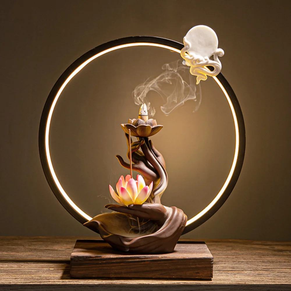 

Purple Sand Backflow Incense Stove Zen Buddha's Hand Lotus Flower Heart Ring Decoration Ceramic Antique Home Aromatherapy Lamps