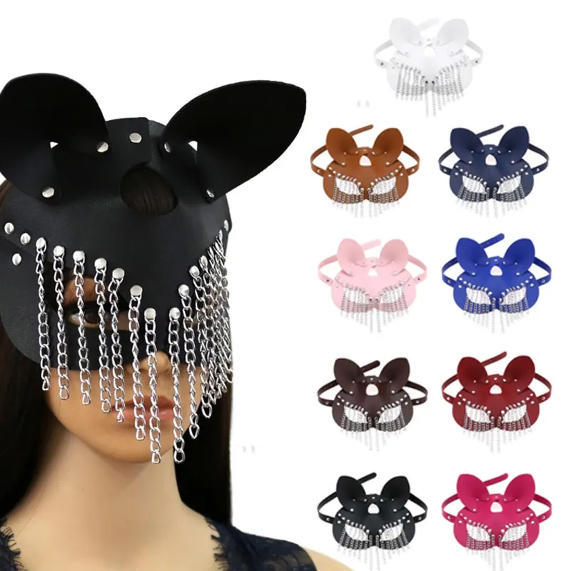 

Женская милая стильная маска кошки, привлекательная таинственная металлическая цепочка с кисточкой, кожаный полулицевой чехол для взрослых, косплей, искусственная фотография