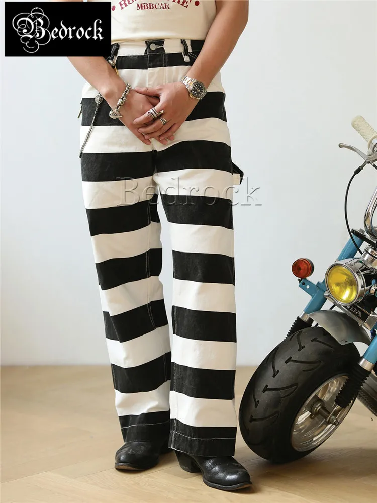 MBBCAR 12oz vintage Prisoner Border pants for men Rugged style Knight Black and White Striped Prisoner Pants washed cargo pants