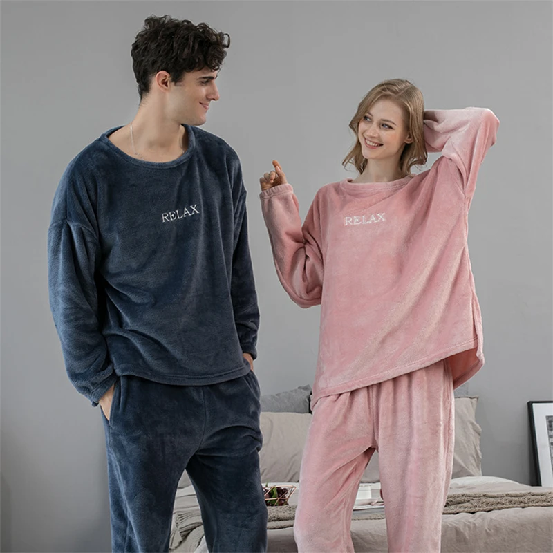 Pajama Women Sleep Lounge Warm Flannel Pyjamas Set Men 2 Pieces Couple Sleep Clothes Suit  Pants Nightwears For Ladies Room Wear