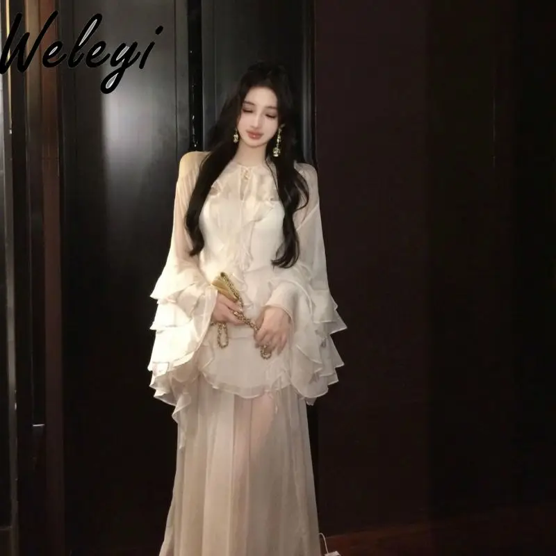 Комплект сказочной юбки Белый шифоновый топ с оборками сзади и женская длинная