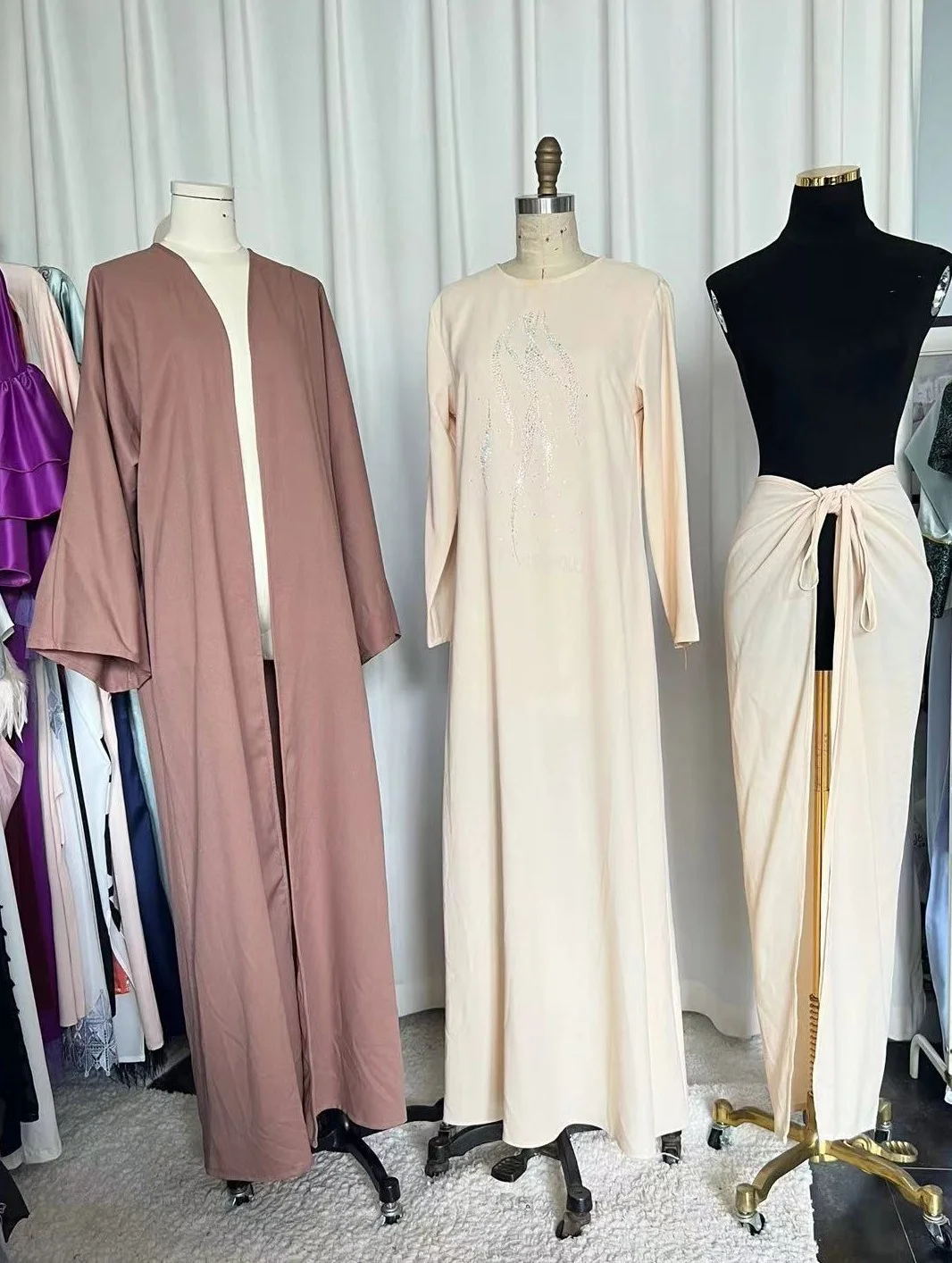 Abaya for Women Muslin Arab Dubai Elegant Muslim Women Three Piece Set With Belt Loose Dubai Kaftan Women Robe Female Clothing