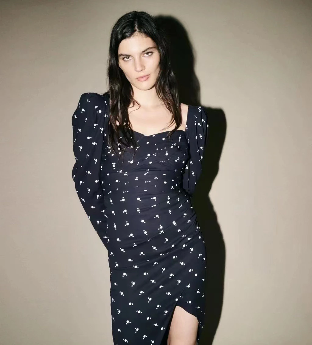 

2022 New Dot Pleated Print Stitched Square Neck Puff Long Sleeve Women Split Long Sleeve Dress