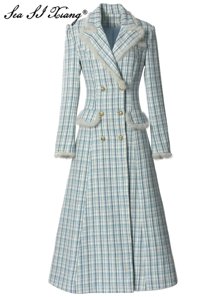 Женское твидовое пальто в клетку Seasixiang двубортная верхняя одежда с отложным