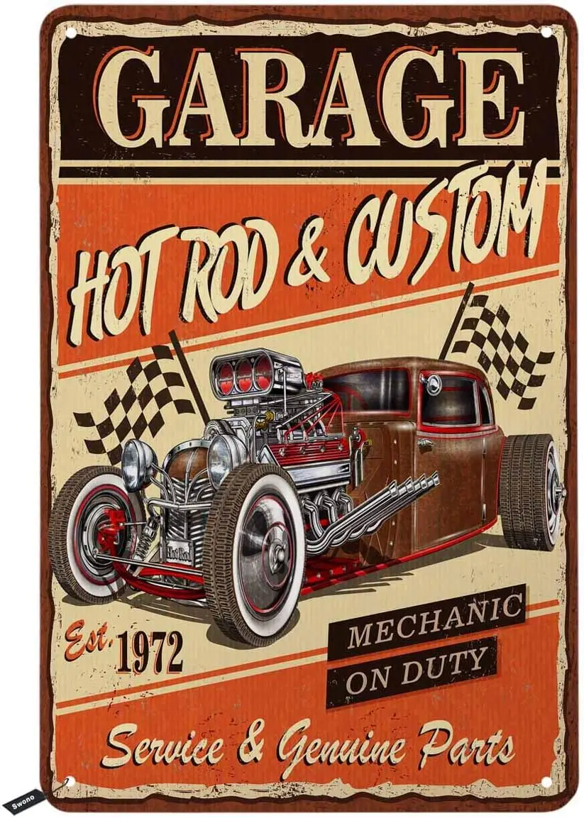 Плакат Swono Grge Tn Sgns Hot Rod Cr Custom Mechnc on Duty Vntge Metl Sgn для мужчин и женщин Wll Декор Brs Revurnts Cafe