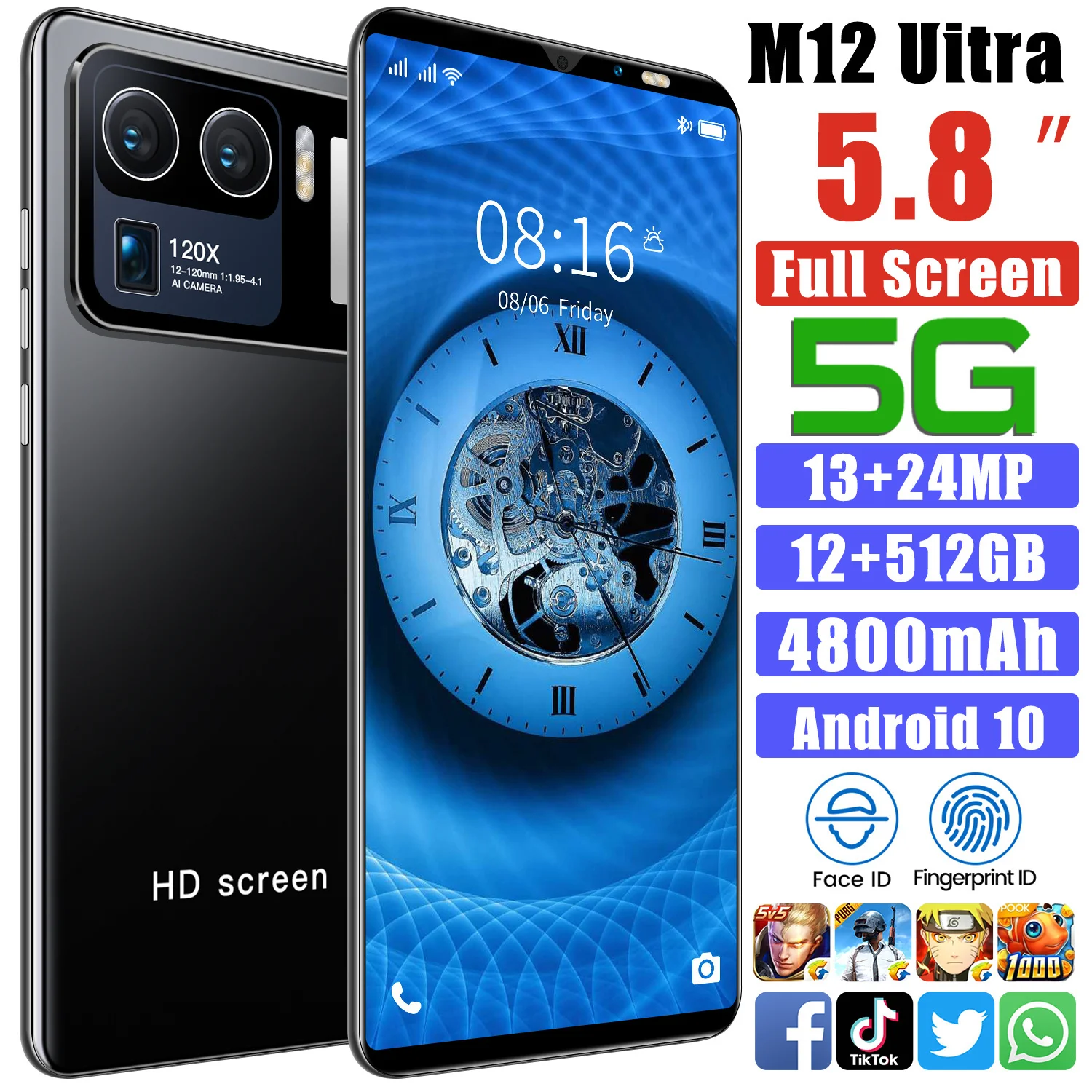 

Смартфон M12 Ultra, 12 Гб, 256 ГБ, 5,8 дюйма, мА · ч, Android 9