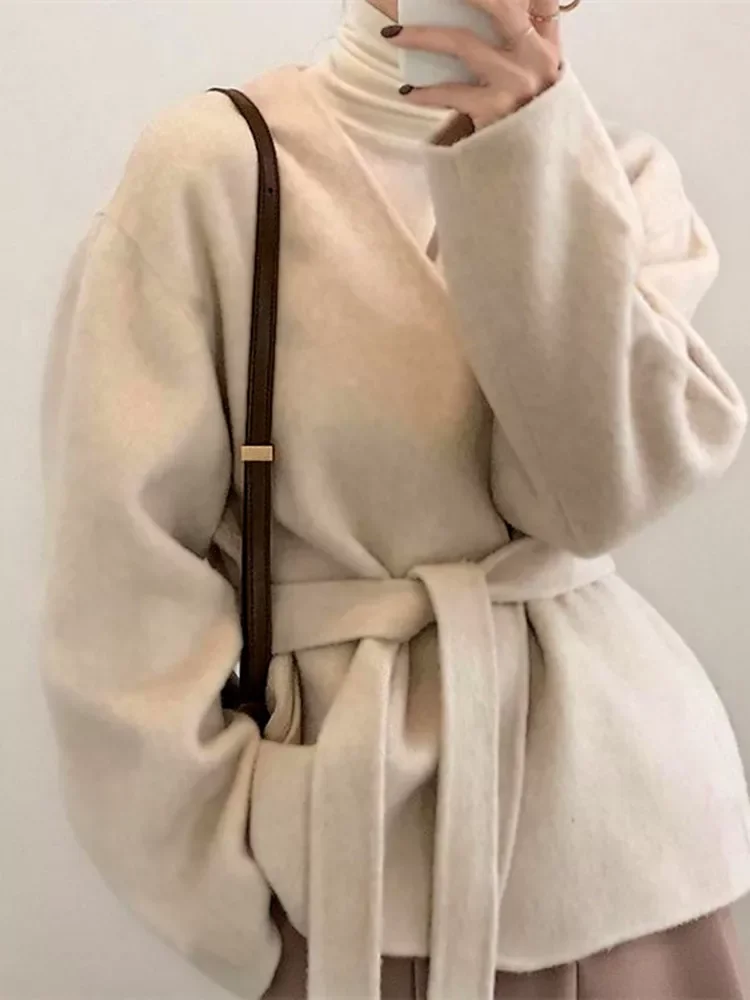 

2022 Women Woolen Belt Jacket Waistband Coat