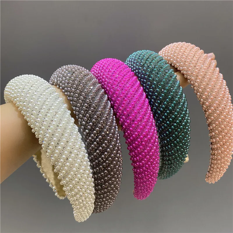 

Fashion New Full Pearl Rhinestone Hairbands Solid Hair Bands Padded Headbands For Women Luxury Sparkly Hair Accessoreis 2022