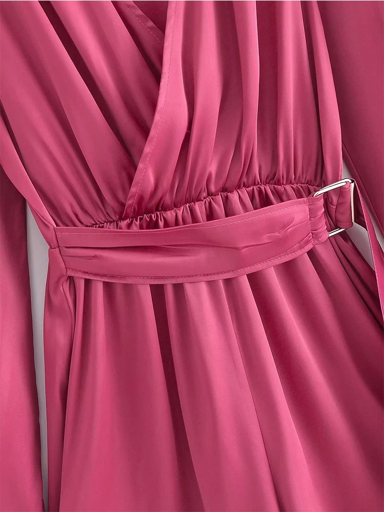 YENKEY  New 2023 Women Fashion Buckle Satin Short Jumpsuit Vintage Cross V Neck Long Sleeve Ladies Casual  Romper