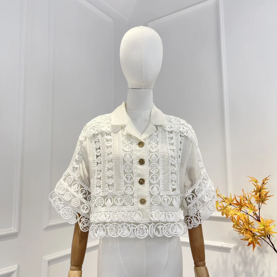 

Женская блузка с вышивкой, белый укороченный топ из льна и шелка, весна-лето 2023