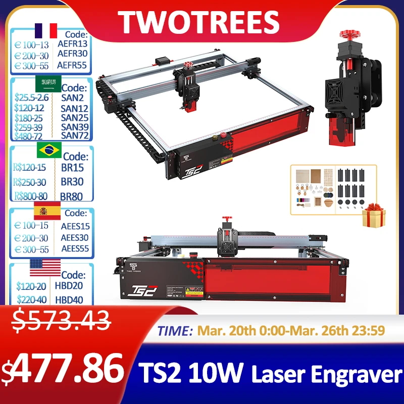 

Twotrees TS2 80W Laser Engraver Machine 450X450mm XY Axis Limit Switch Compressed Spot Technology LightBurn Horizontal Gyroscope