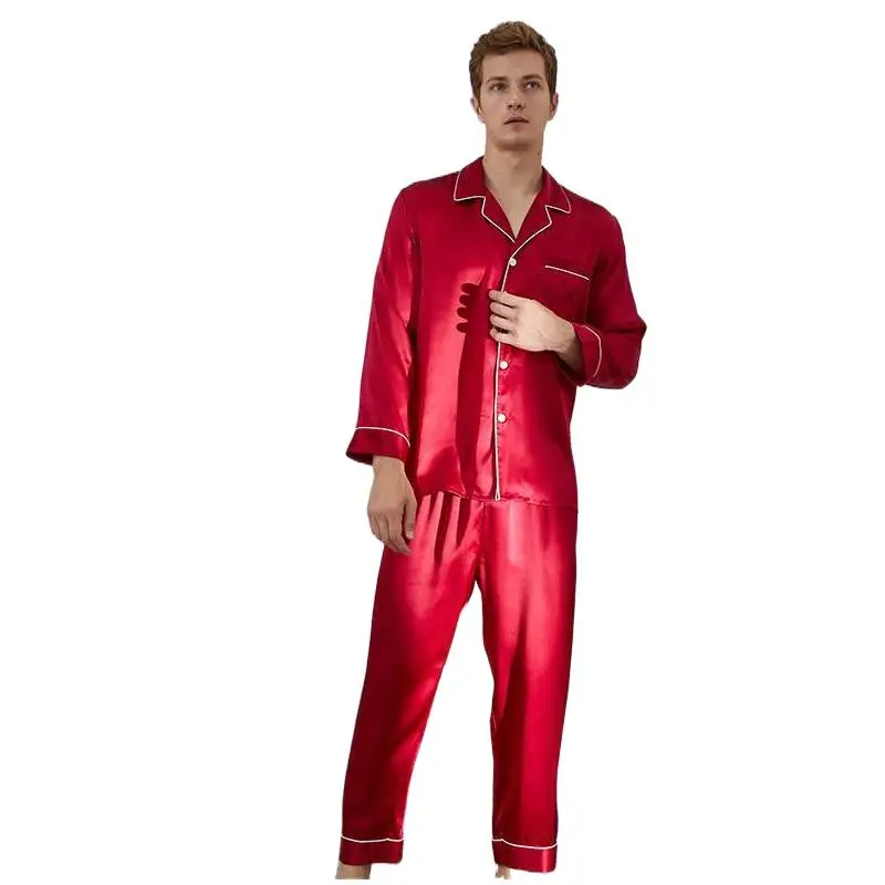 Men's Luxury Sleepwear 100% Silk Satin Pajamas Set Soft Long Sleeve Loungewear Set Men Full Body Pajama Nightwear