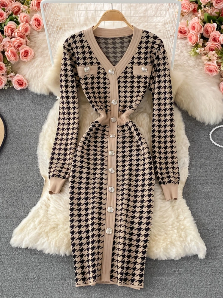 

Hikigawa Chic Fashion Woman Dress V Neck Long Sleeve Houndstooth KNitted Dresses For Women Elegant Slim Vintage Vestidos Mujer