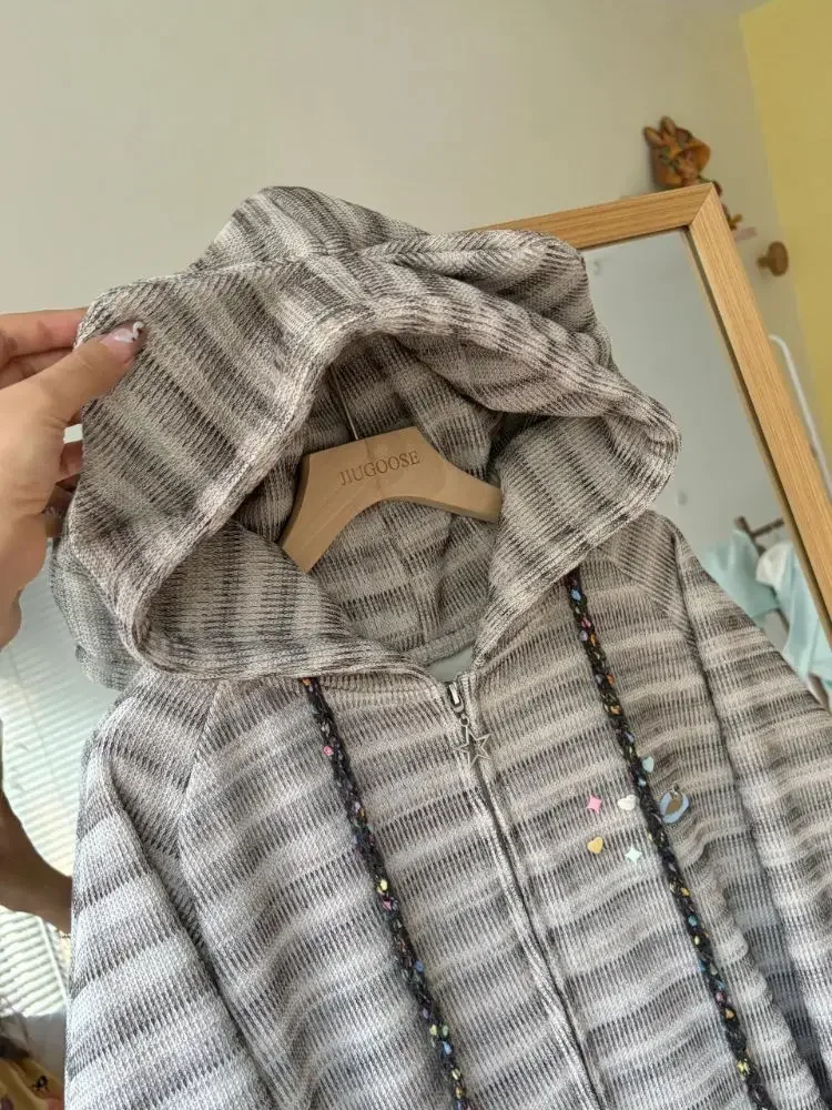 QWEEK Y2k Kawaii полосатый кардиган оверсайз японский Harajuku свободный осень 2024 милый