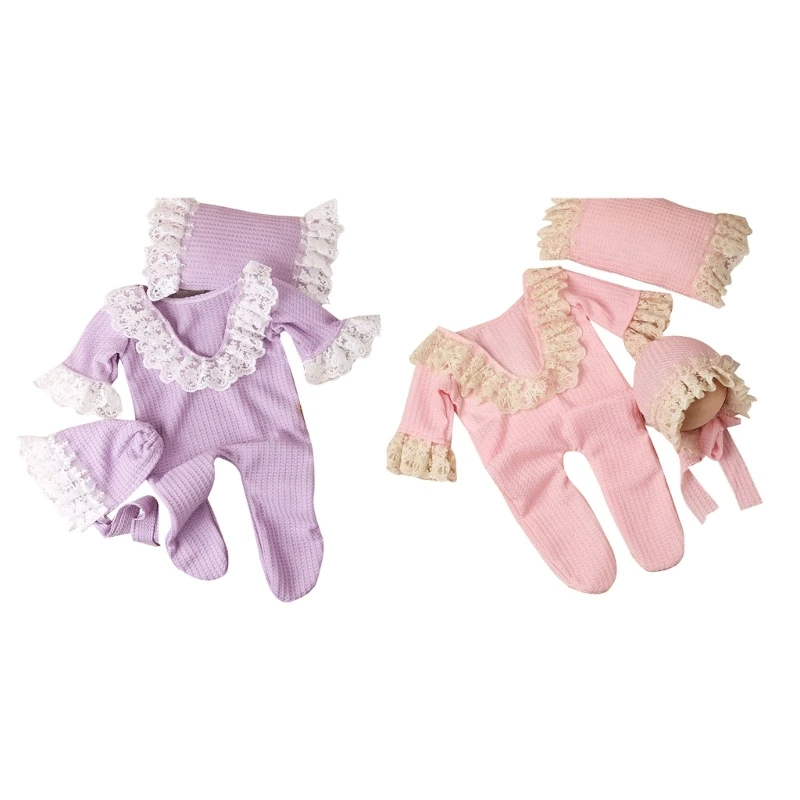 

Newborn Photo Props Pillow & Jumpsuits & Bonnet Hat Set Baby Photography Clothing Infant Headdress Romper for Boys Girls
