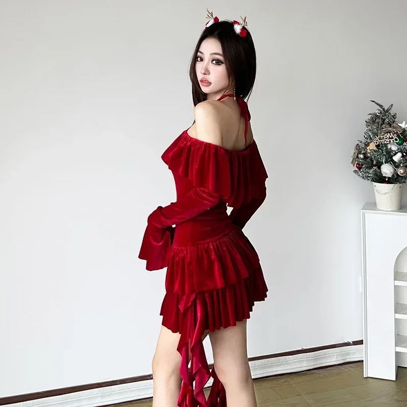 Рождественская семейная вечеринка женское красное бархатное вечернее платье