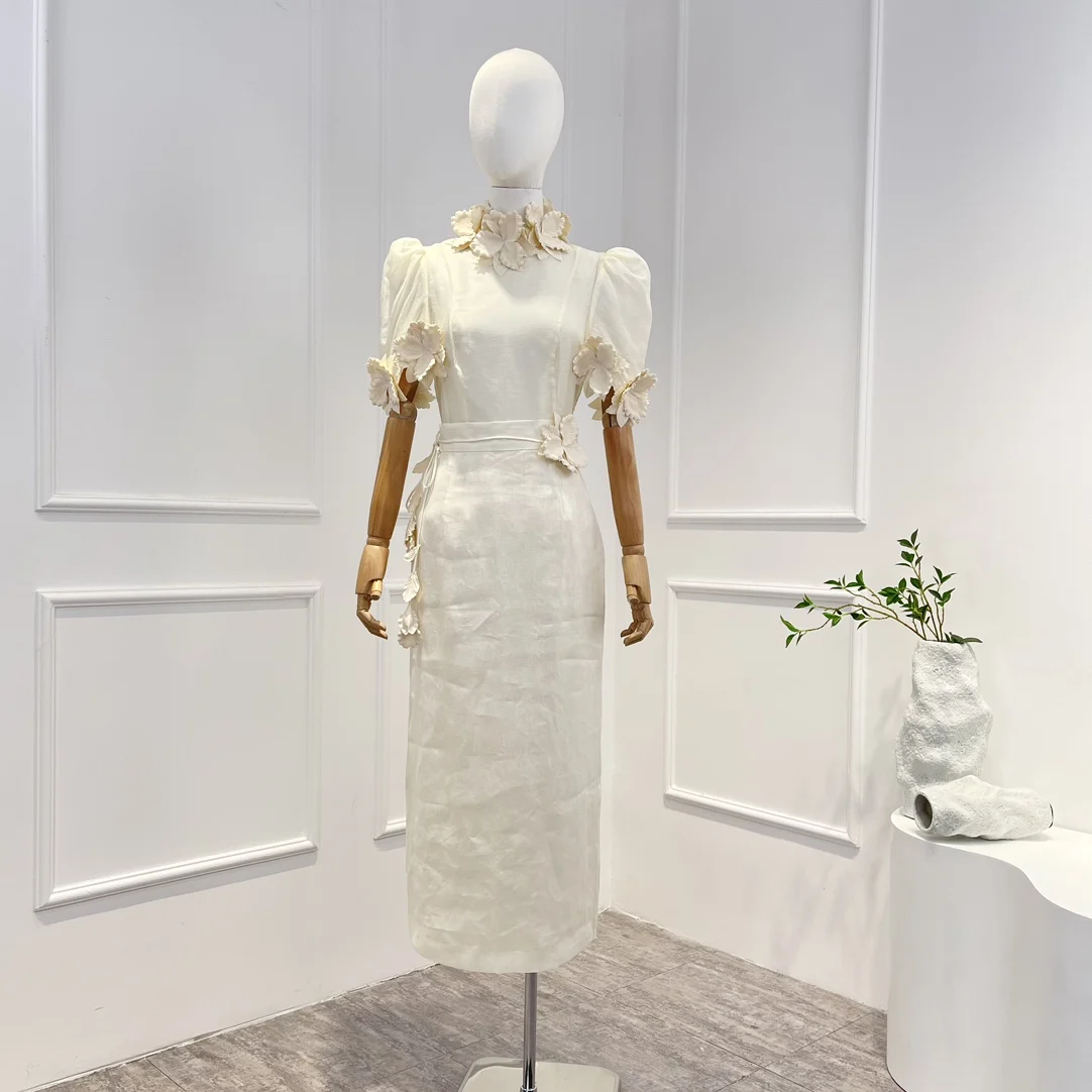 

2023 High Quality New Beige Elegant Vintage Appliques Spring Summer Short Sleeve Top and Midi Skirt Woman Set